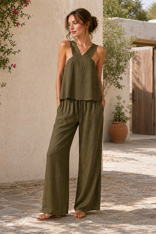 Sleeveless Cross Strap Linen Style Co-ord Set