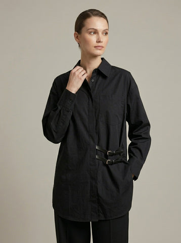 Modern Oversized Black Shirt with Double Buckle Detail