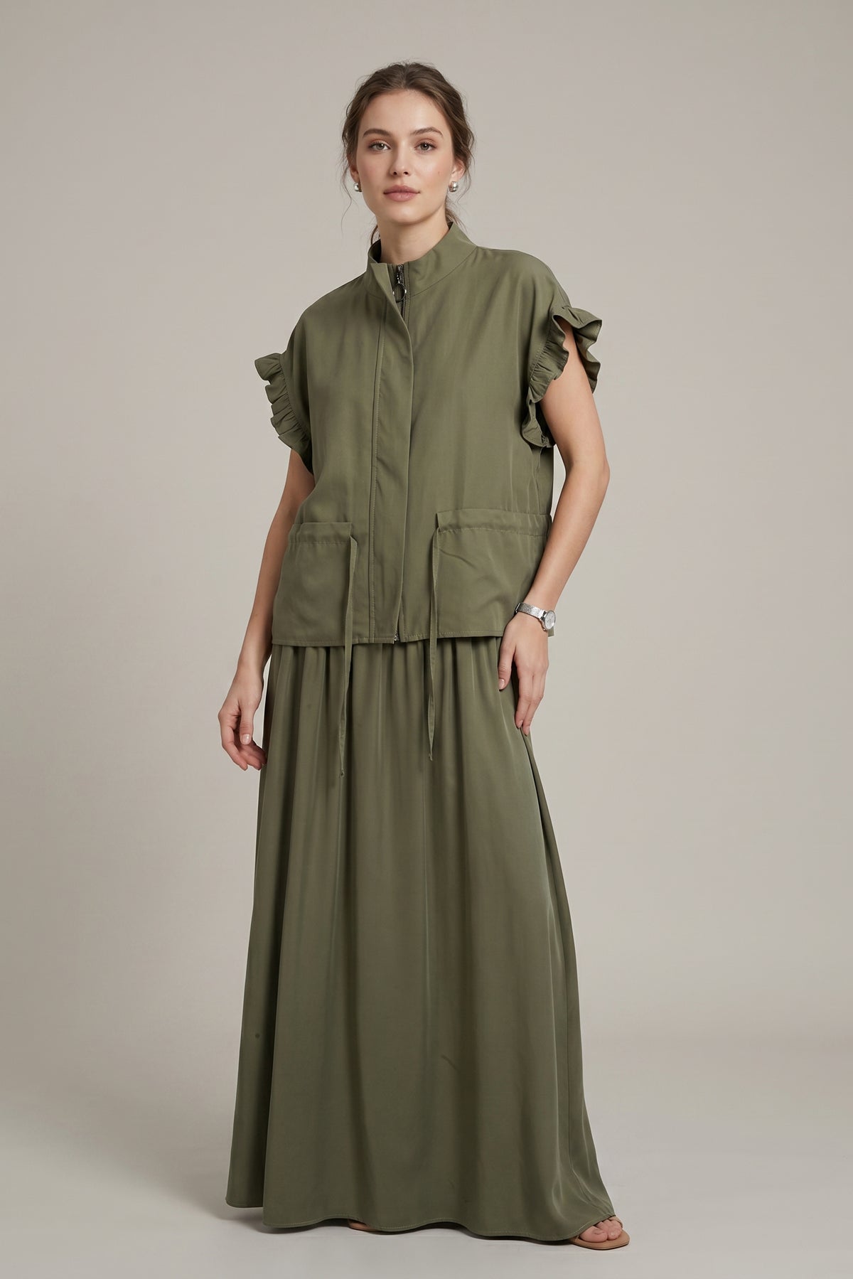 Olive Green Ruffle Sleeve Co-Ord Set