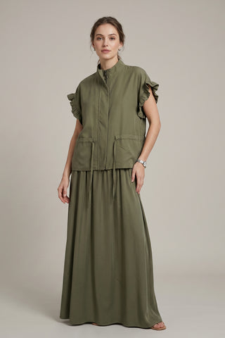 Olive Green Ruffle Sleeve Co-Ord Set